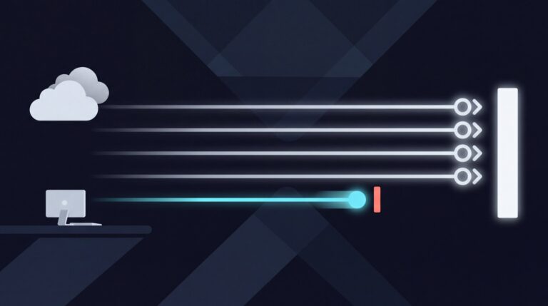 Four silver tracks from a cloud reach the finish; one cyan track from a Mac stops at a barrier