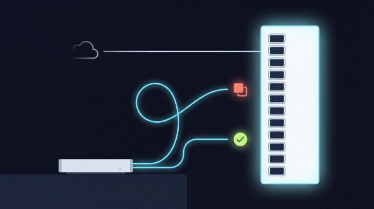 Two cyan threads from a Mac and one silver thread from a cloud reach the same plugin list; one local thread ends in a check, the other in a mismatched tile