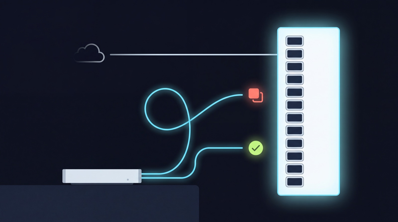 Two cyan threads from a Mac and one silver thread from a cloud reach the same plugin list; one local thread ends in a check, the other in a mismatched tile