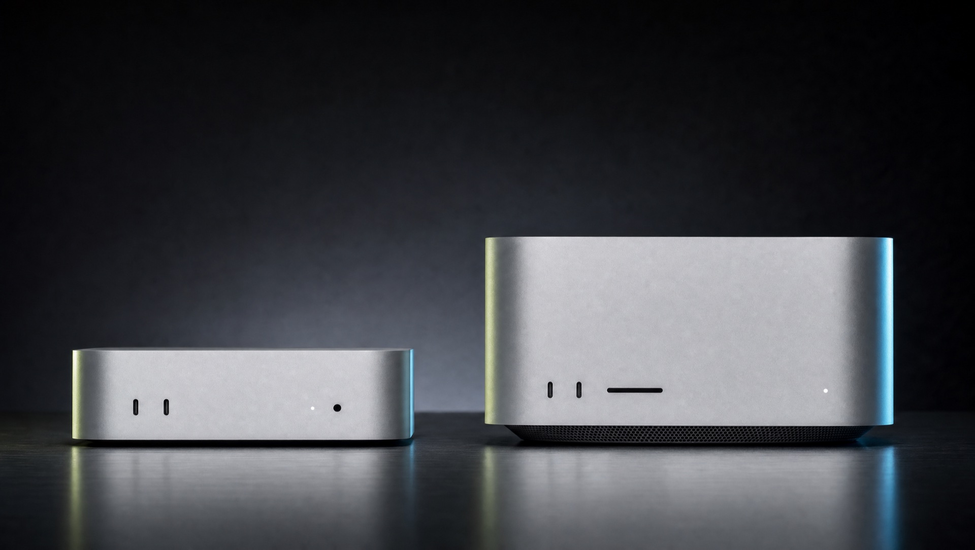 Mac mini and Mac Studio shown side by side for scale