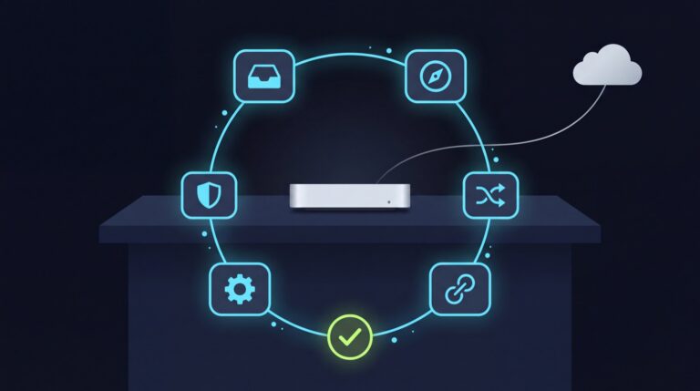 A Mac at the centre of a six-station loop; a thin thread reaches a distant cloud
